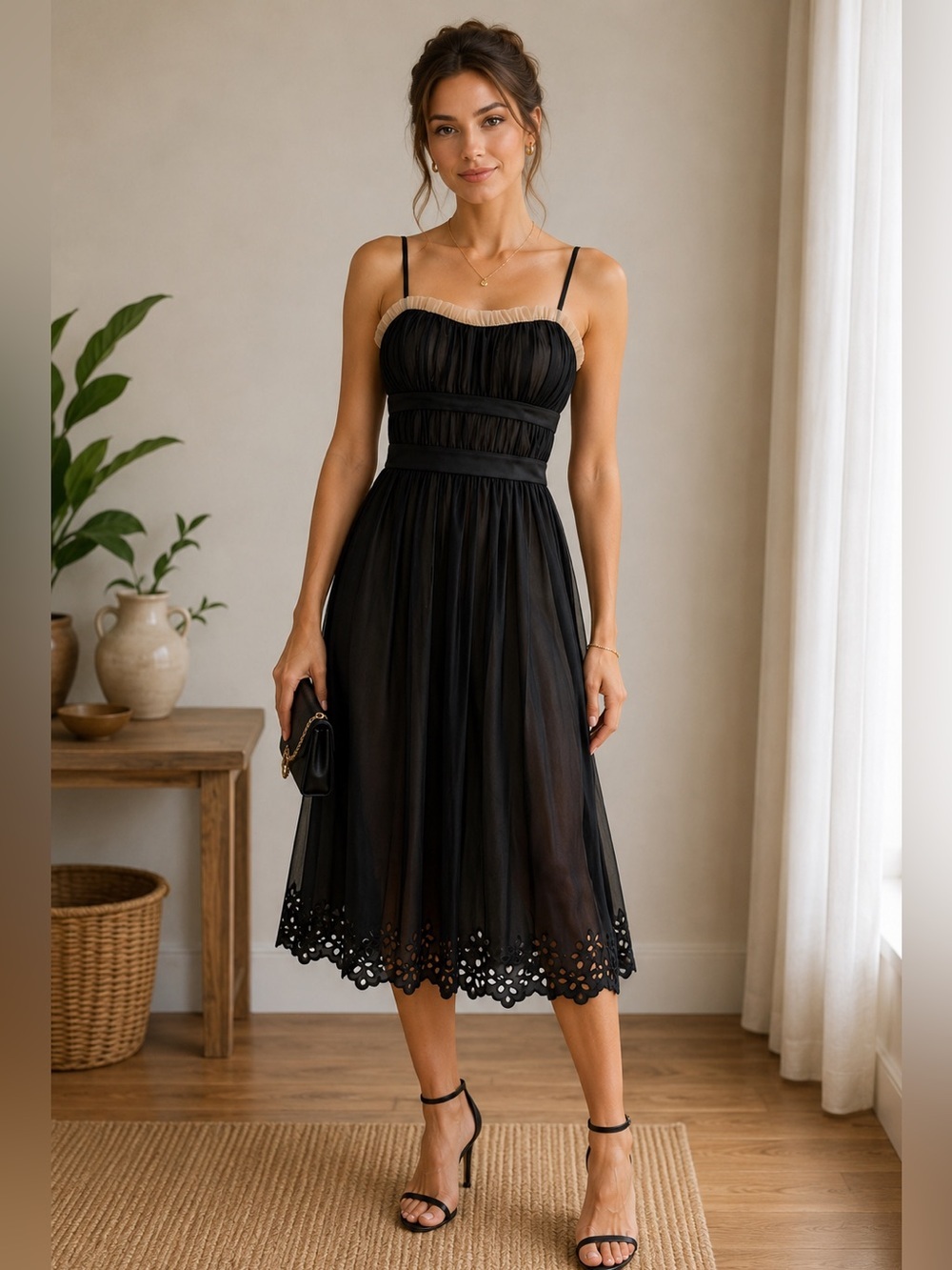 BCBG Paris sz 8 100% silk dark romantic spaghetti strap ruffled whimsigoth dress